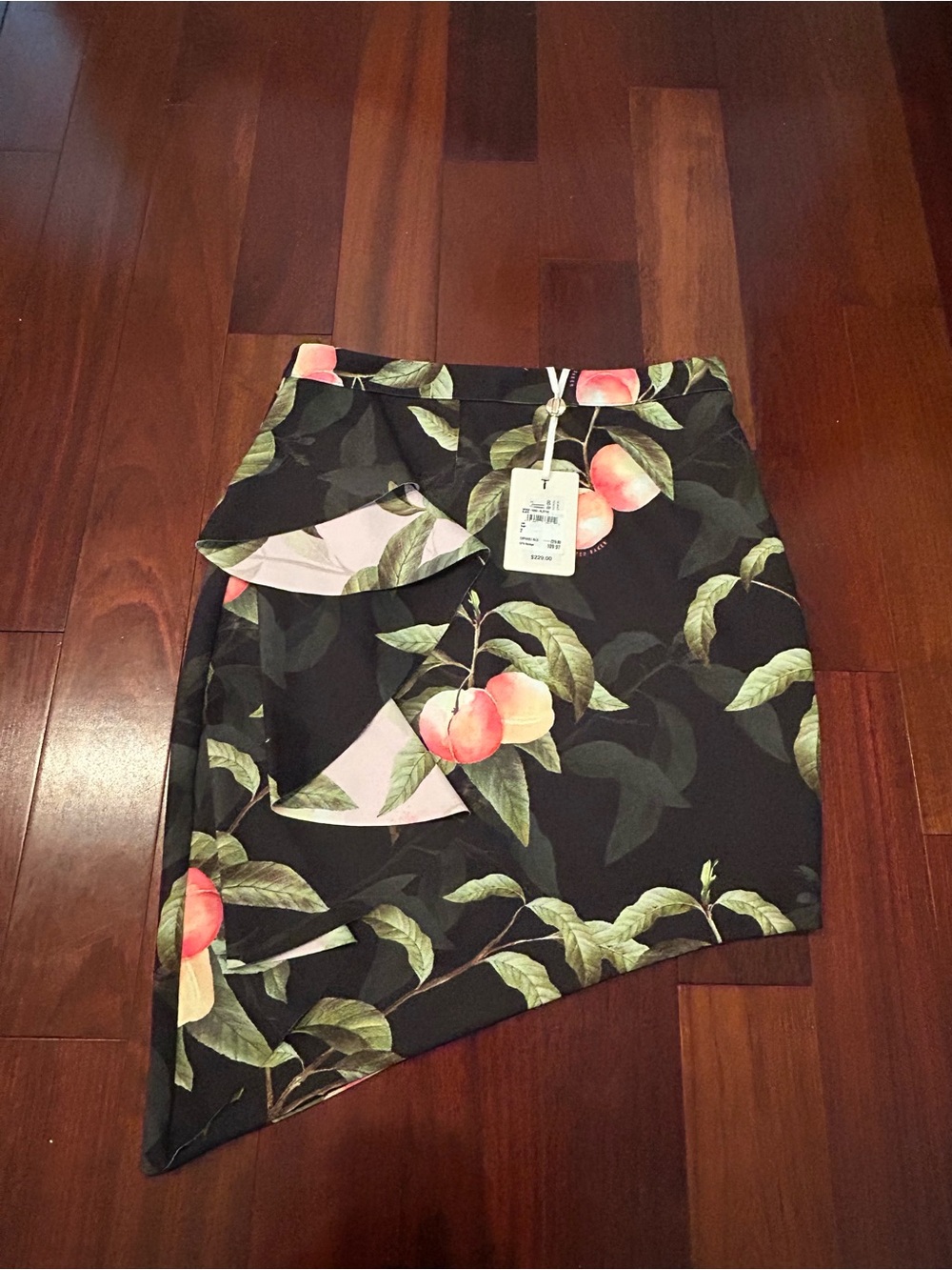 NWT Ted Baker London Black Floral Peach Print Asymmetric Ruffle Skirt Chic Boho